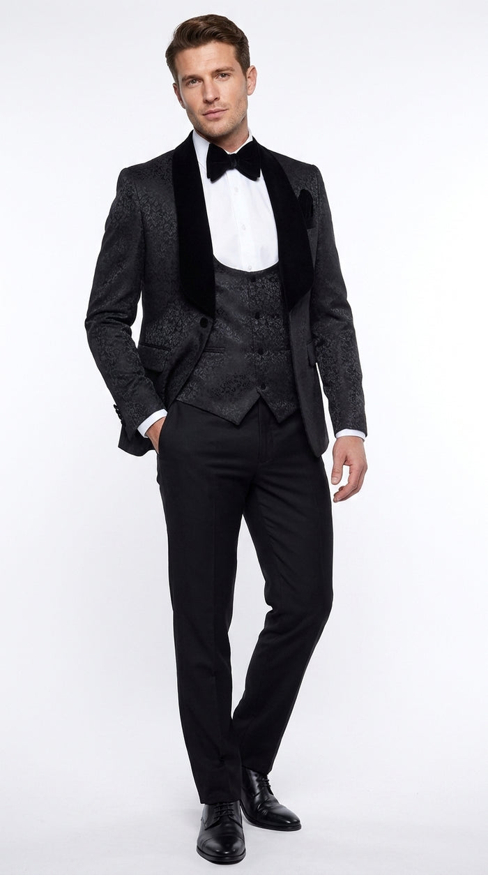 Rossi Man Men’s Black 3-Piece Tuxedo - Floral Jacquard Shawl Lapel Wedding and Prom Suit
