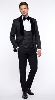 Rossi Man Men’s Black 3-Piece Tuxedo - Floral Jacquard Shawl Lapel Wedding and Prom Suit