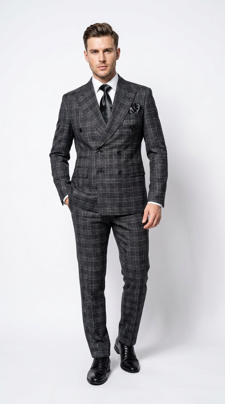 Rossi Man Men’s Charcoal Plaid Double-Breasted Suit – Windowpane Wedding, Business and Formal 2-Piece Suit  Modern Fit