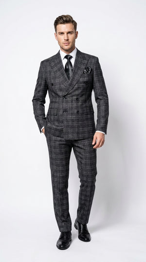 Rossi Man Men’s Charcoal Plaid Double-Breasted Suit – Windowpane Wedding, Business and Formal 2-Piece Suit
