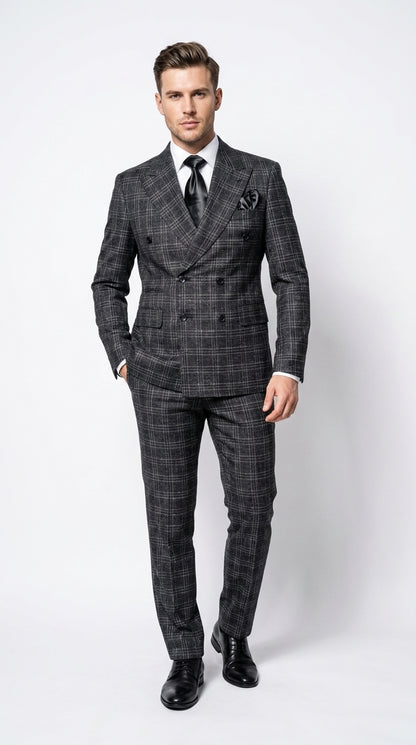 Rossi Man Men’s Charcoal Plaid Double-Breasted Suit – Windowpane Wedding, Business and Formal 2-Piece Suit  Modern Fit
