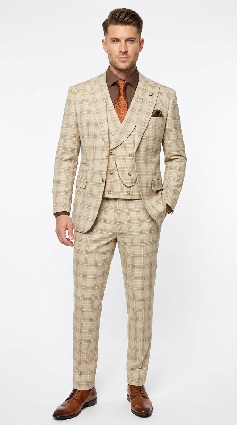 Marc Darcy Men’s Khaki Tan Windowpane Plaid 3-Piece Wedding Suit – Double-Breasted Vest and Matching Pants Modern Fit