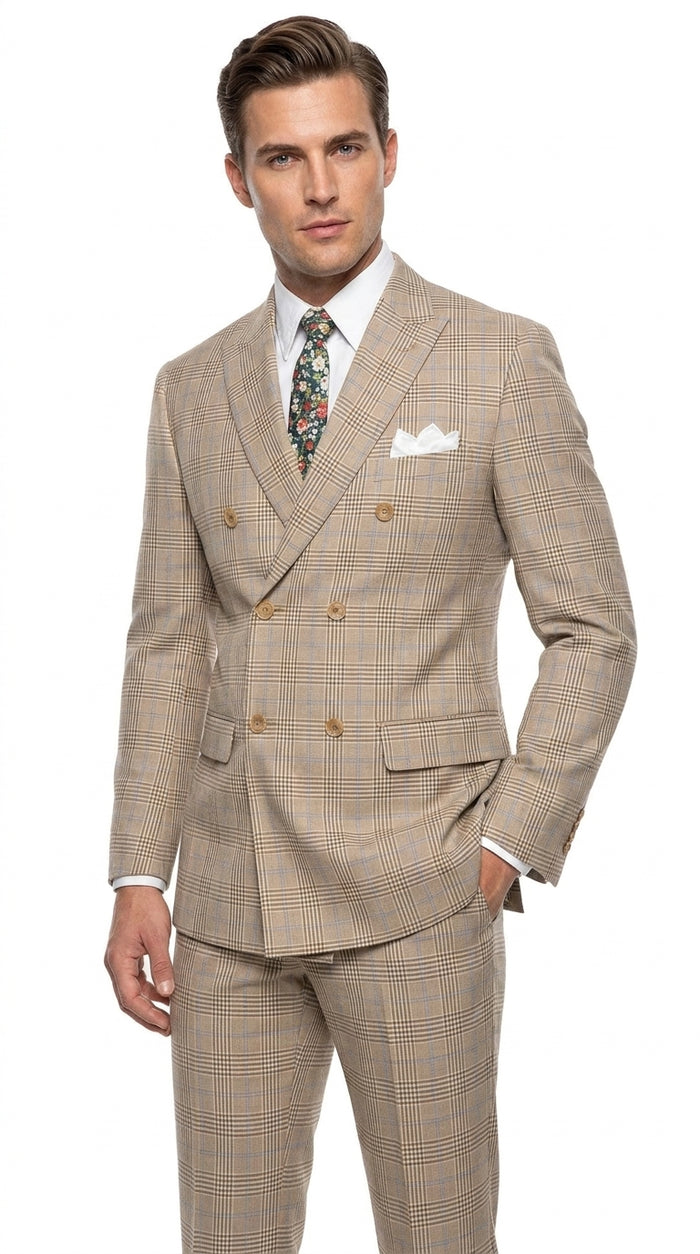 Alexander Collection Men’s Beige Double-Breasted Windowpane Suit – Regular Fit 2-Piece Wedding, Business and Formal Suit