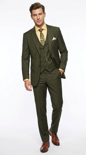 Men's Olive Green 3 Piece Suit – Classic Fit Vested Wedding, Business & Formal Suit with Flat Front Pants