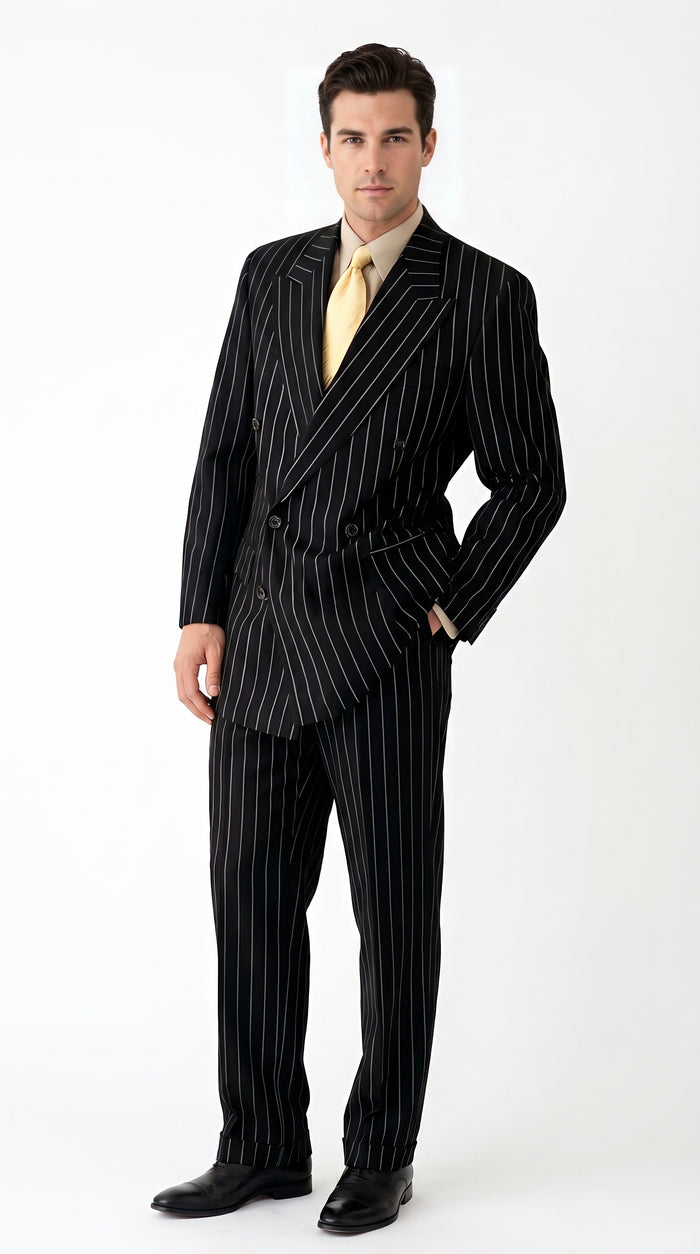 Men’s Black Pinstripe Double Breasted Suit, Super 120s Acrylic Rayon Formal Dress Suit Modern Fit
