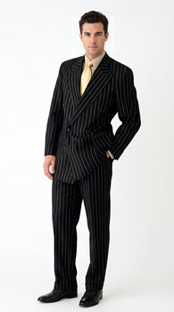 Men’s Black Pinstripe Double Breasted Suit, Super 120s Acrylic Rayon Formal Dress Suit