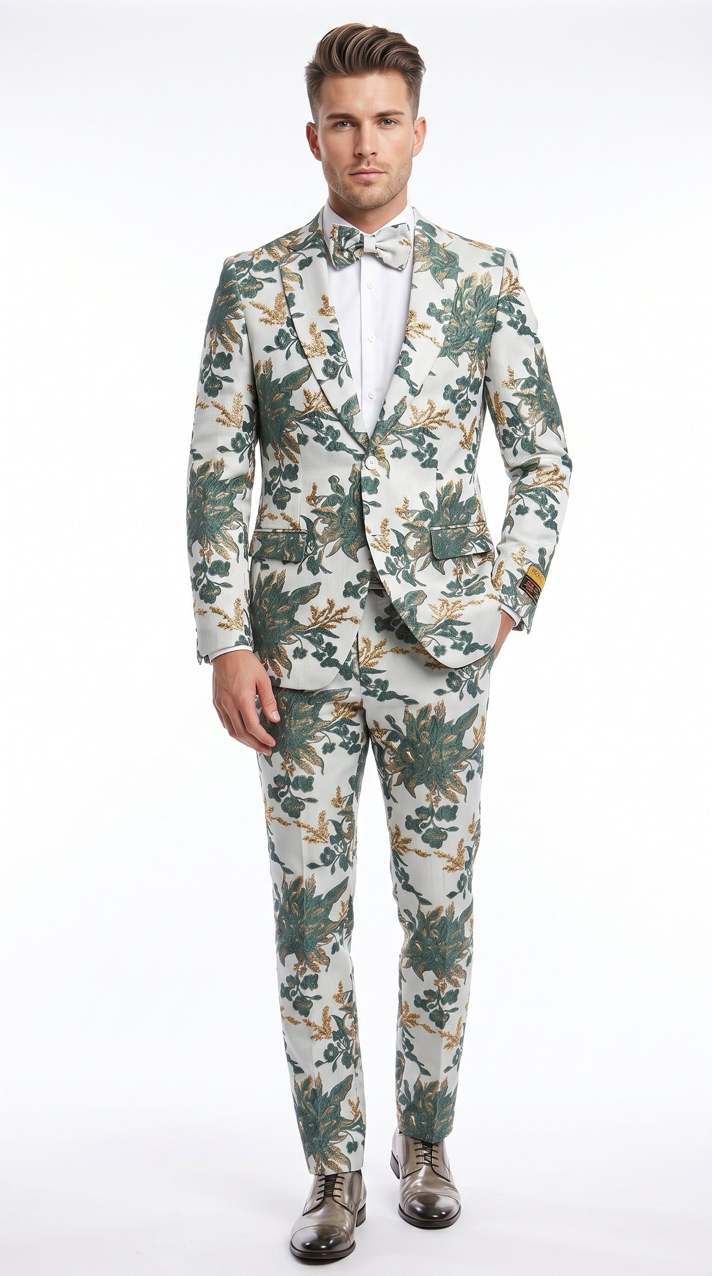 Men’s Green and Gold Floral Paisley Tuxedo Suit with Matching Bow Tie, Fancy Prom Wedding Formal Suit Set