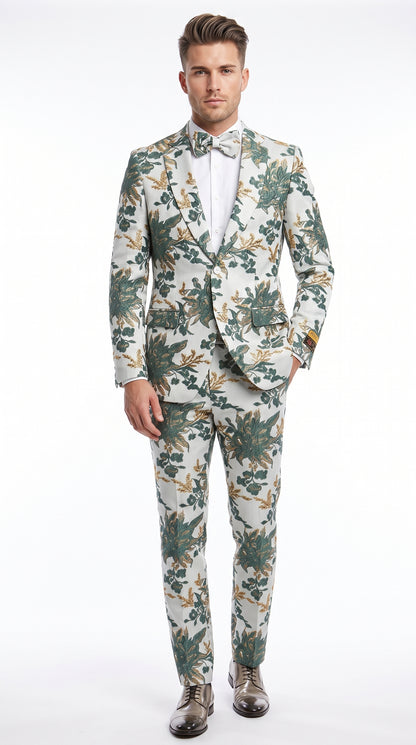 Men’s Green and Gold Floral Paisley Tuxedo Suit with Matching Bow Tie, Fancy Prom Wedding Formal Suit Set