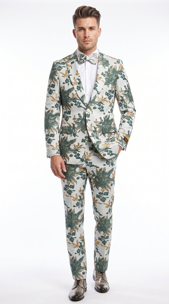 Men’s Green and Gold Floral Paisley Tuxedo Suit with Matching Bow Tie, Fancy Prom Wedding Formal Suit Set
