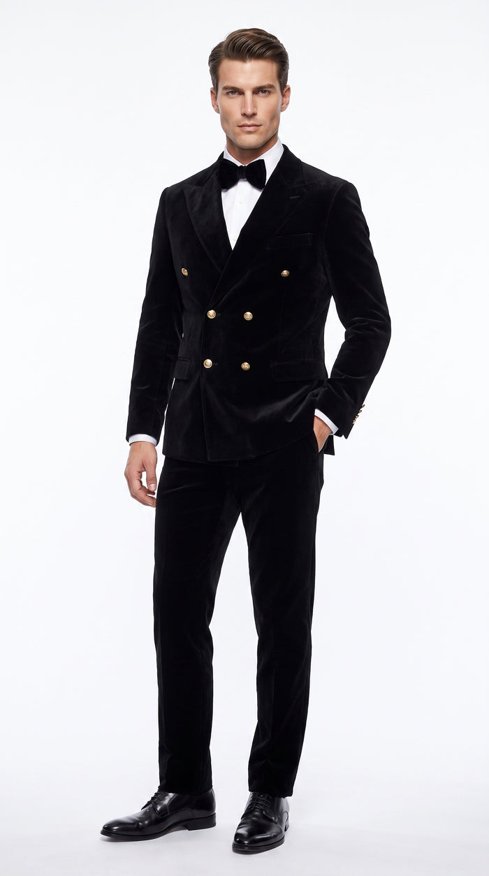 Men’s Rossi Man Zeus Black Velvet Double Breasted Tuxedo Suit, Formal Wedding Prom Dinner Suit Set