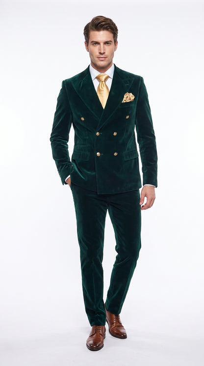Men’s Rossi Man Zeus Emerald Green Velvet Double Breasted Tuxedo Suit, Formal Wedding Prom Dinner Suit