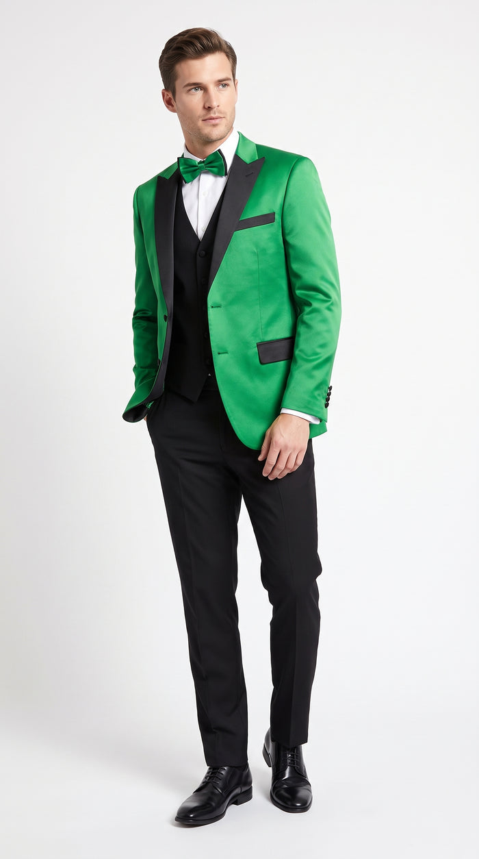 Men’s Emerald Green Tuxedo with Black Shawl Lapel, Black Vest and Pants – Formal 3 Piece Prom Wedding Suit