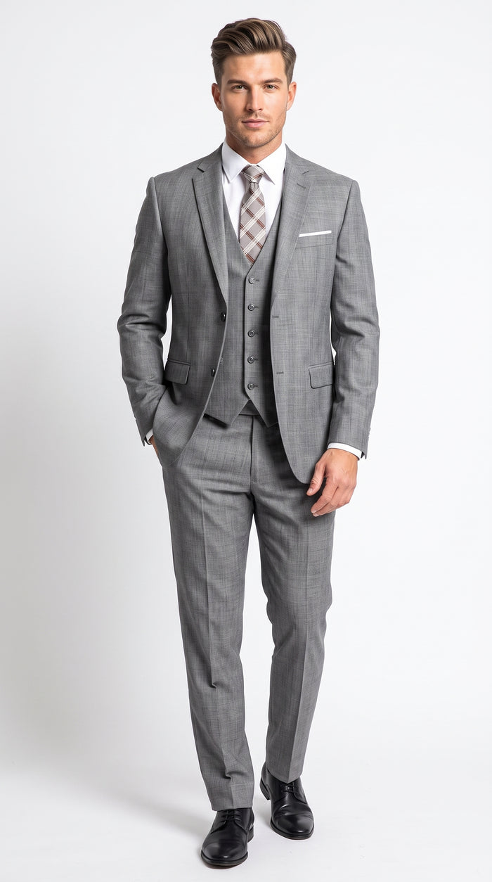 Men’s Charcoal Grey Windowpane Plaid 3 Piece Suit, 2 Button Vested Formal Dress Suit