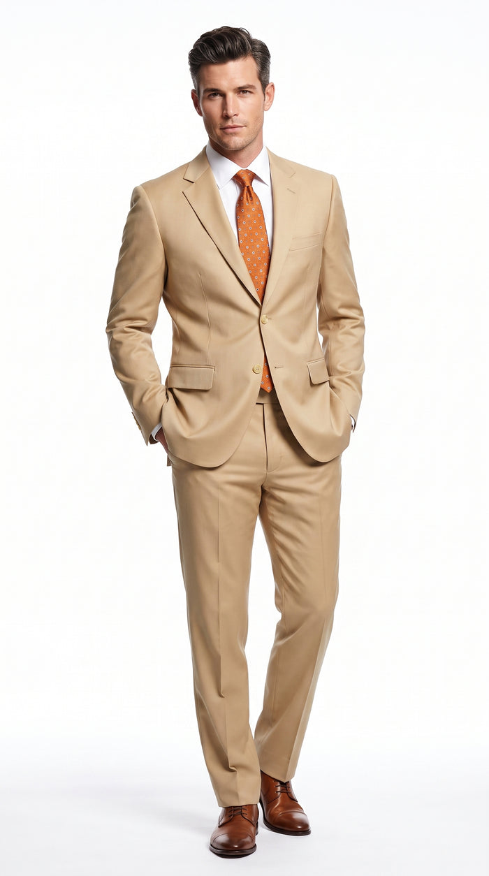 Men’s Bronze Camel Khaki Portly Suit, 2 Button Executive Fit Formal Dress Suit