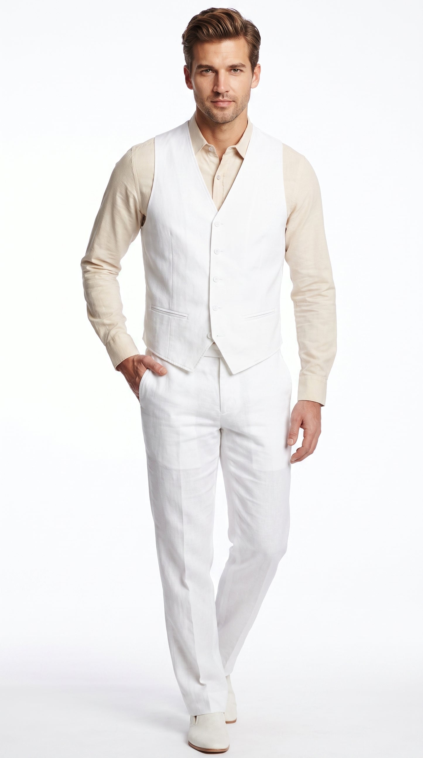 Men'S Beach WeddinMen’s White Linen Beach Wedding Vest and Pants Set, Formal Waistcoat Tuxedo Outfitg Tuxedo Linen Dress Tuxedo Wedding Men'S Vest ~ Waistcoat ~ Waist Coat & Pants