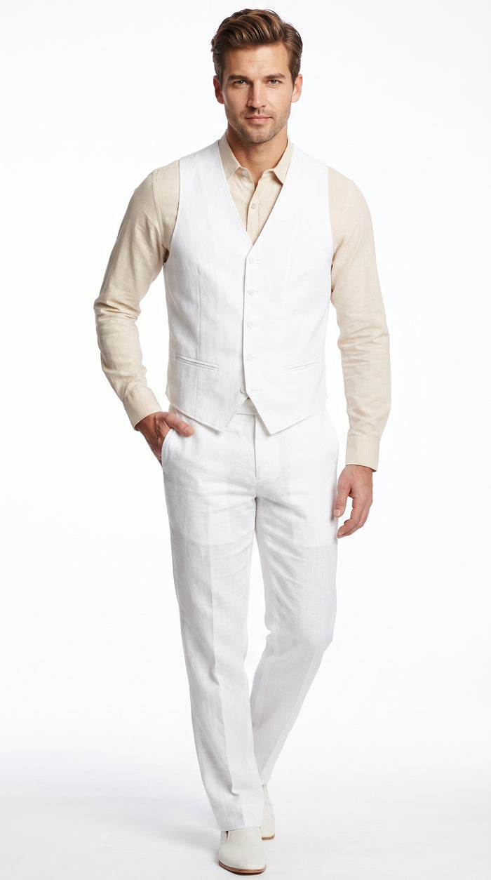 Men'S Beach WeddinMen’s White Linen Beach Wedding Vest and Pants Set, Formal Waistcoat Tuxedo Outfitg Tuxedo Linen Dress Tuxedo Wedding Men'S Vest ~ Waistcoat ~ Waist Coat & Pants
