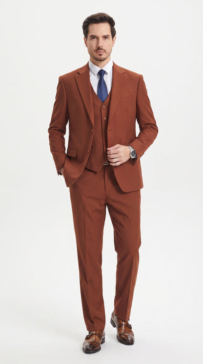 Men’s Brown Rust Stacy Adams 2 Button Vested Suit, Basic Designer 3 Piece Formal Dress Suit Modern Fit