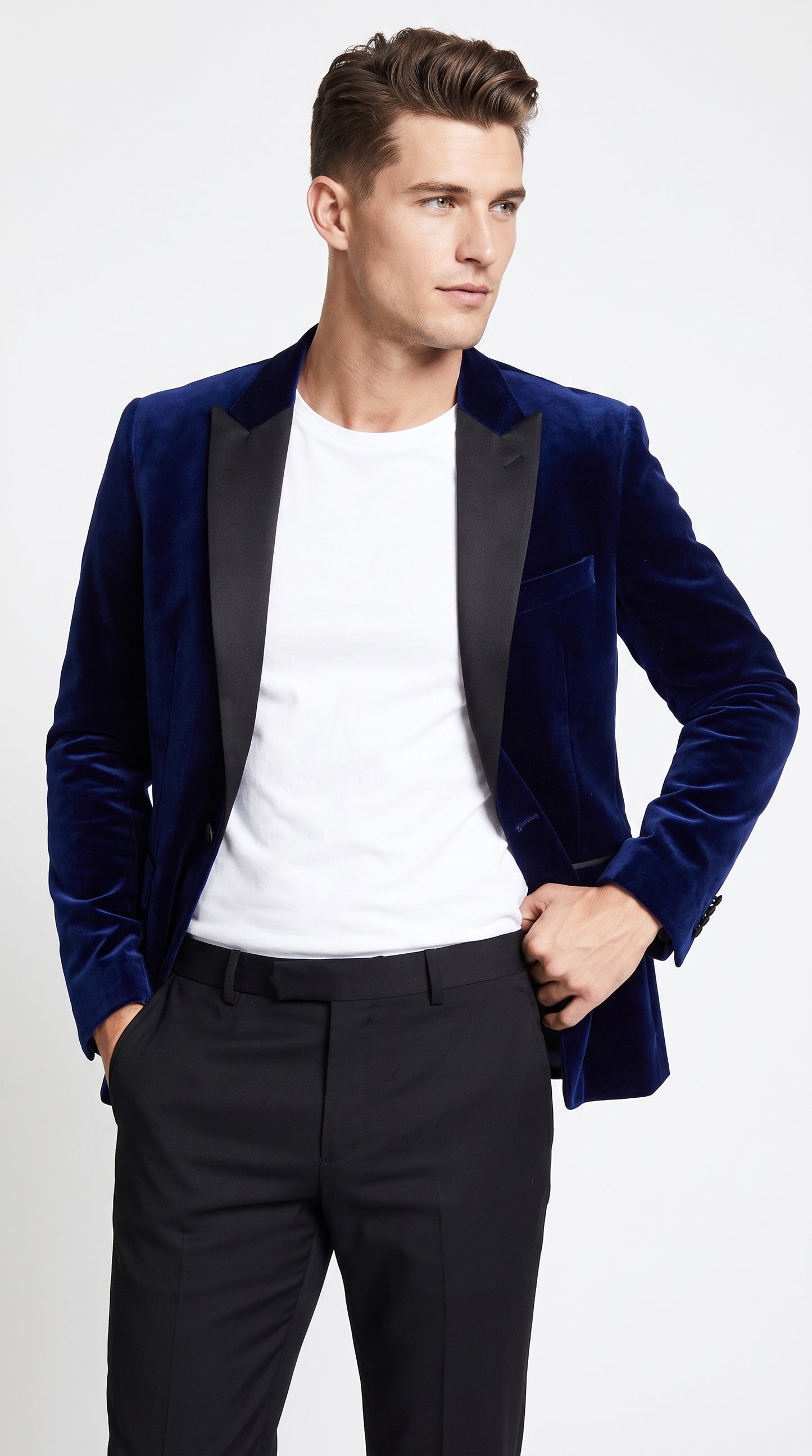 Men’s Navy Blue Velvet Tuxedo Jacket with Black Satin Lapel, Formal Sport Coat Dinner Blazer