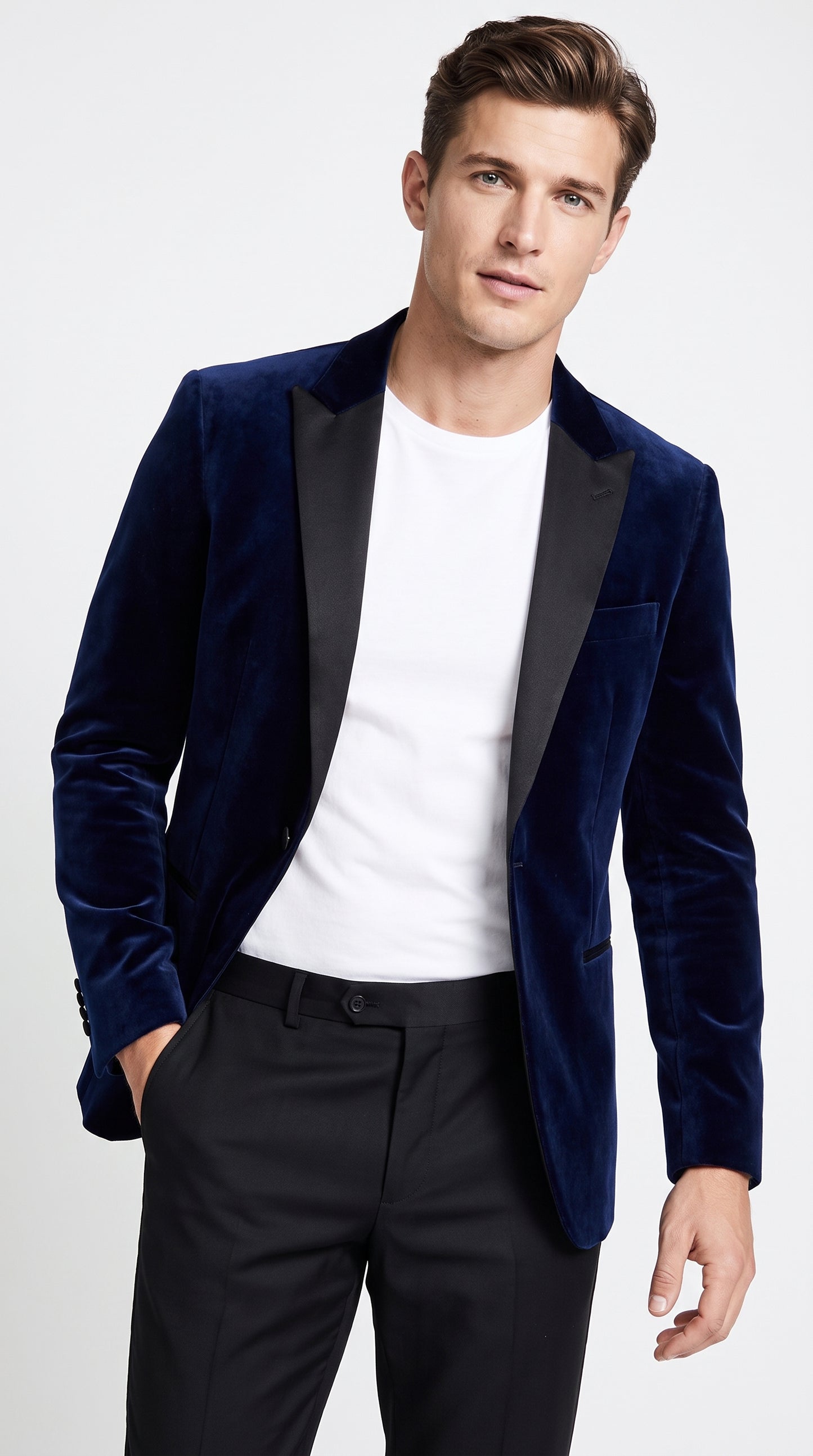 Men’s Navy Blue Velvet Tuxedo Jacket with Black Satin Lapel, Formal Sport Coat Dinner Blazer