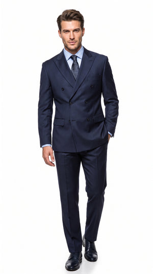 Men’s Navy Double Breasted Wool Suit, Peak Lapel Side Vent Jacket with Pleated Pants