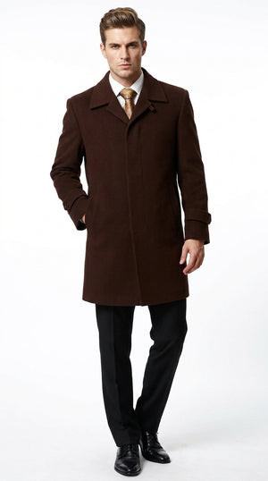 Men’s Brown Plush Microfiber Top Coat – Classic Full-Length Dress Coat for Business, Church and Formal Wear
