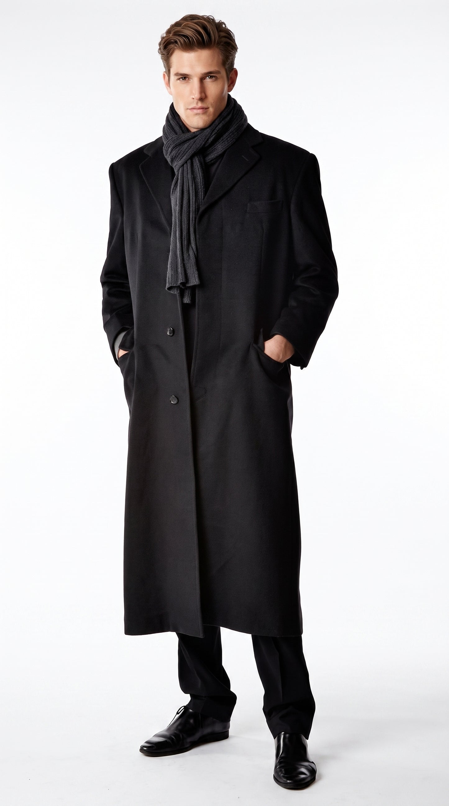 Alberto Nardoni Men’s Black Full Length Cashmere Blend Overcoat, Loro Piana Fabric Winter Dress Topcoat