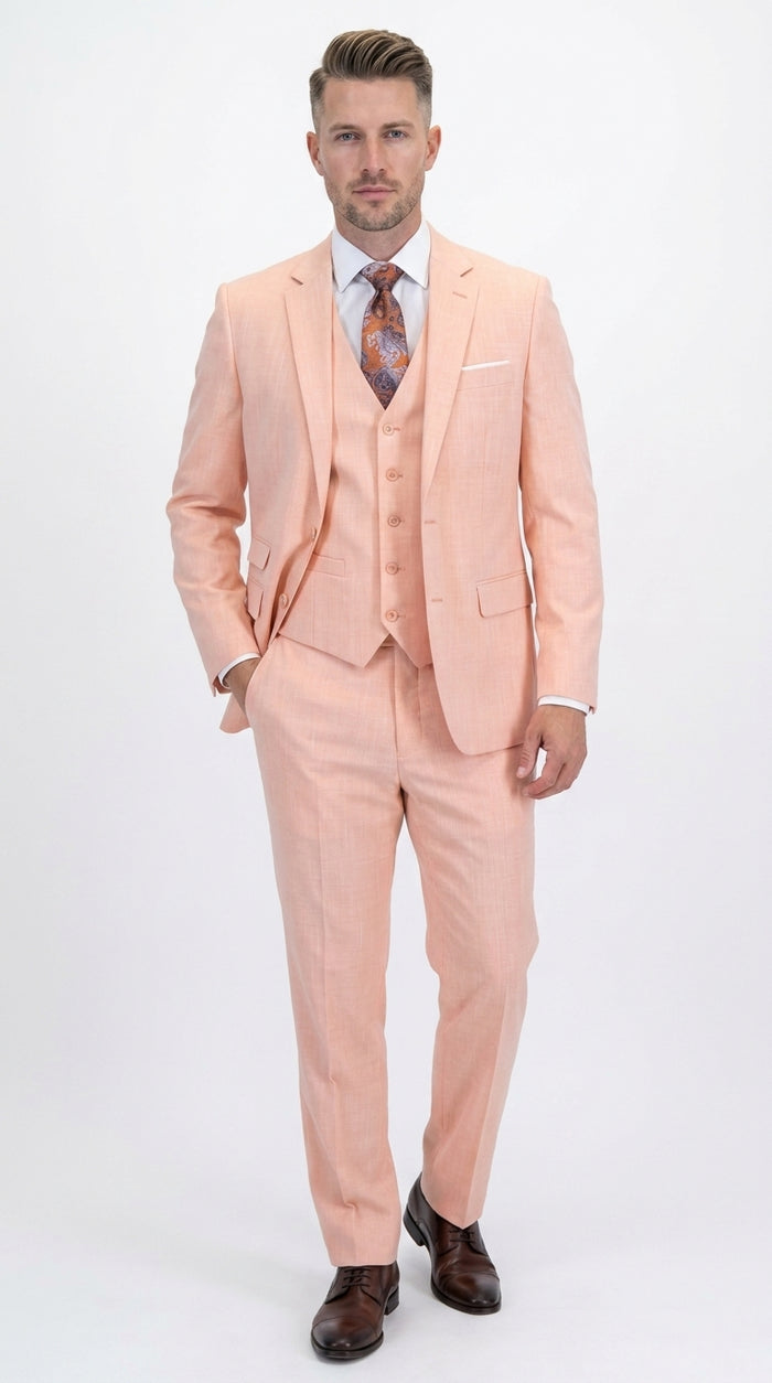 Men’s Peach Light Orange Blush 3 Piece Summer Suit with 2 Button Jacket and Ticket Pocket