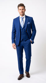 Men’s Royal Blue 3 Piece Vested Suit, 2 Button Peak Lapel Formal Wedding Prom Business Suit