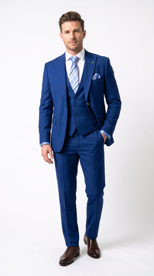 Men’s Royal Blue 3 Piece Vested Suit, 2 Button Peak Lapel Formal Wedding Prom Business Suit