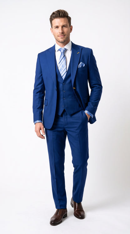 Men’s Royal Blue 3 Piece Vested Suit, 2 Button Peak Lapel Formal Wedding Prom Business Suit