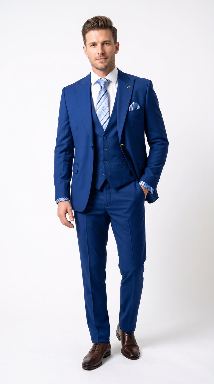 Men’s Royal Blue 3 Piece Vested Suit, 2 Button Peak Lapel Formal Wedding Prom Business Suit