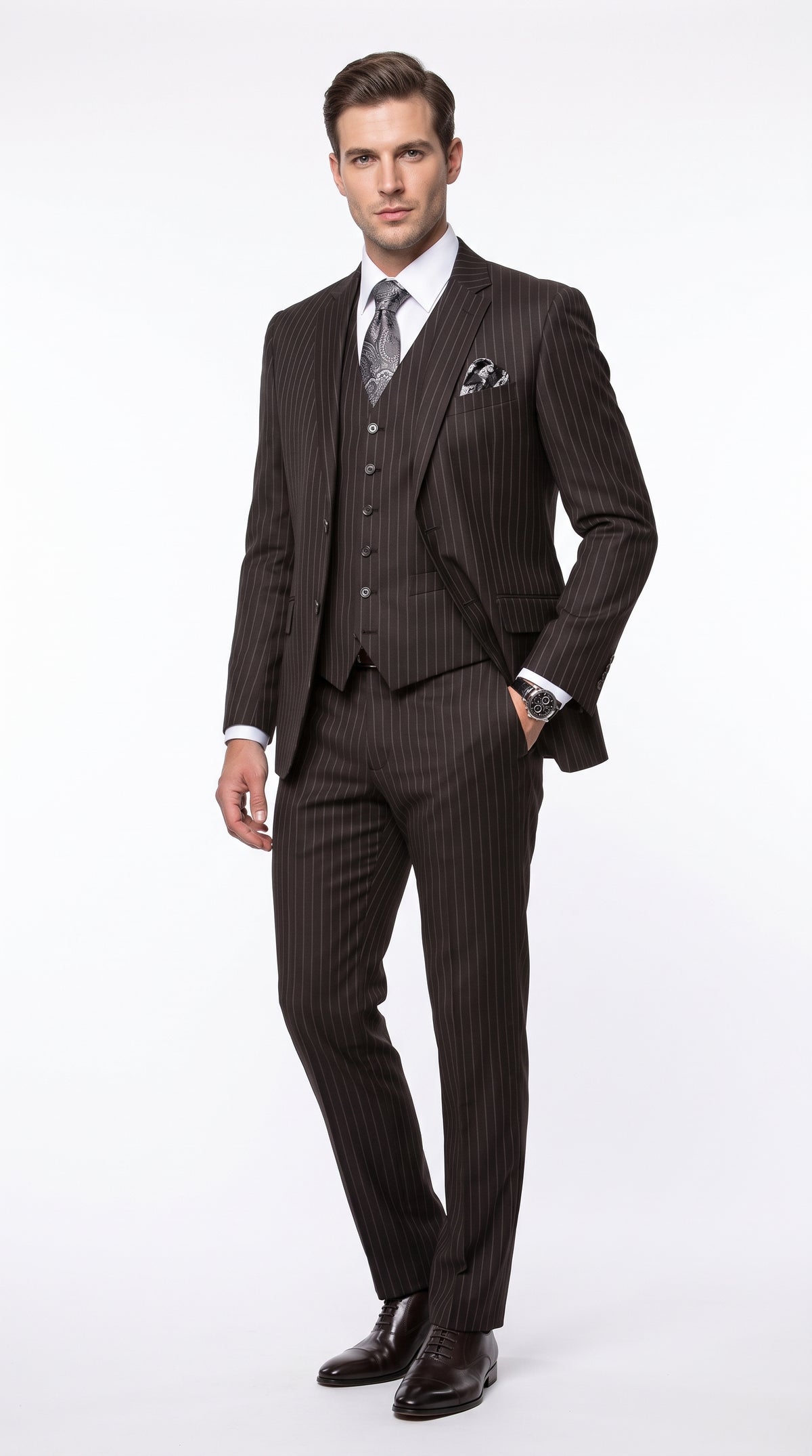 Men’s Jet Black Chalk White Pinstripe 3 Piece Suit, Super 150s Italian Fabric Vested Formal Suit