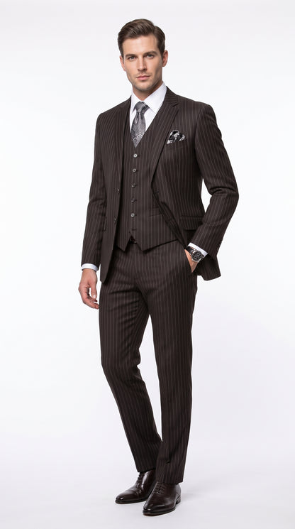 Men’s Jet Black Chalk White Pinstripe 3 Piece Suit, Super 150s Italian Fabric Vested Formal Suit