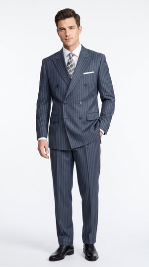 Men's Navy Blue Pinstripe Double-Breasted Suit – Classic 2-Piece Rayon Business Suit with Pleated Pants and Side Vents