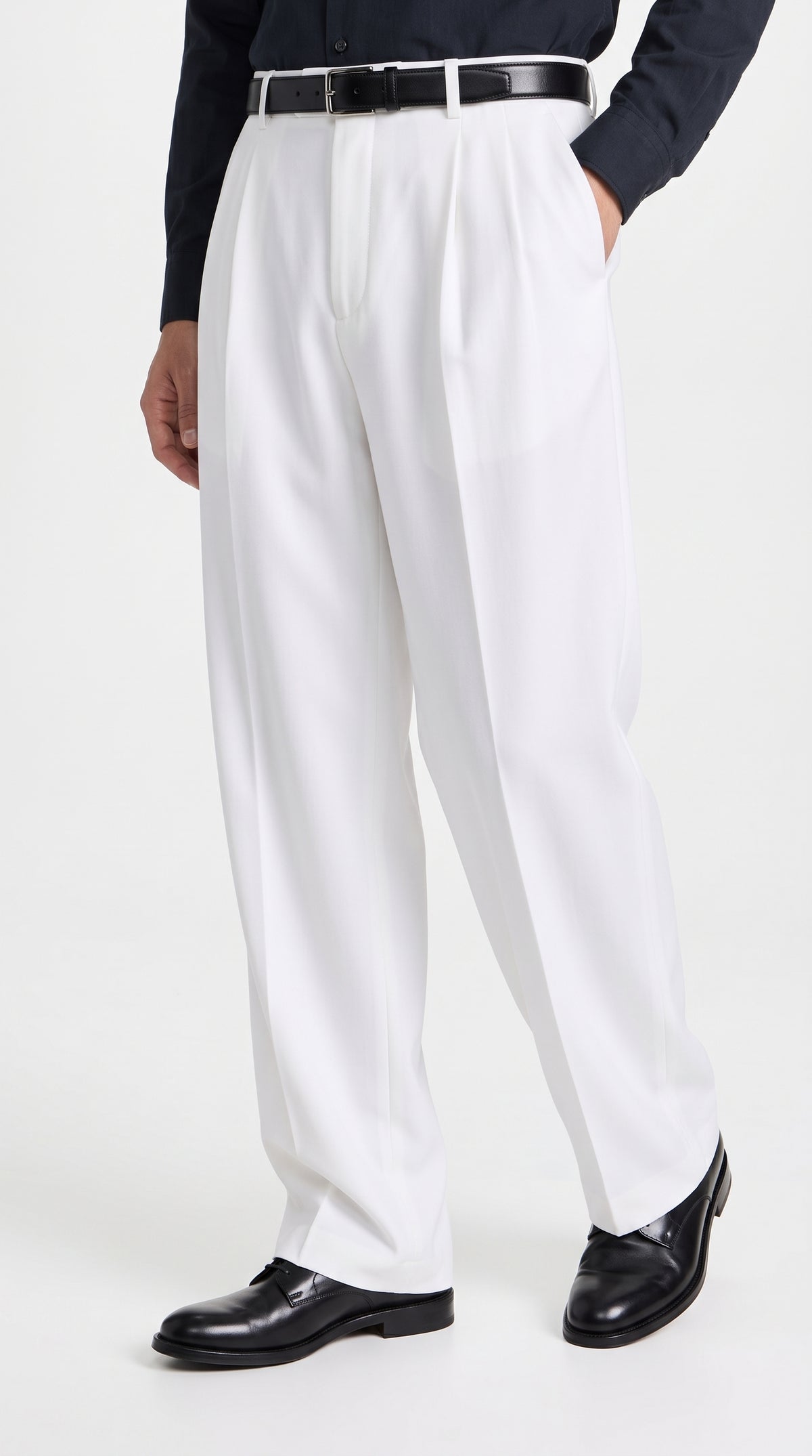 Men’s White Wide Leg Pleated Dress Pants, Baggy Fit Formal Slacks with Unhemmed Bottoms
