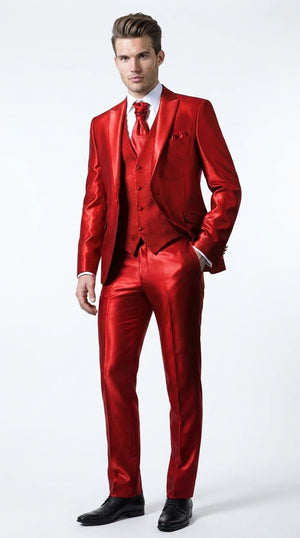 Men’s Red Shiny 3-Piece Suit – Satin Wedding, Prom, Party and Formal Suit with Vest