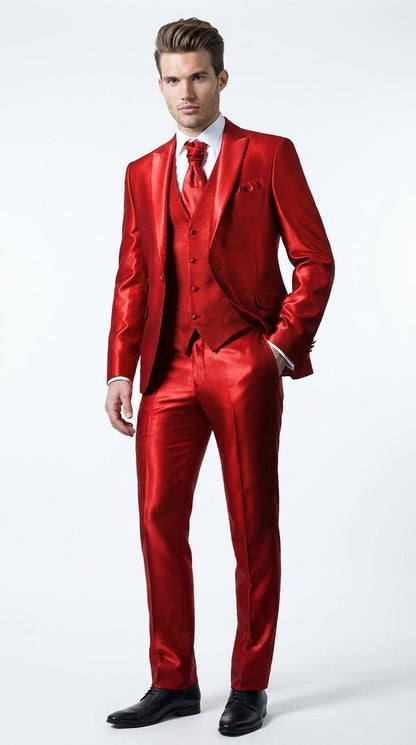 Men’s Red Shiny 3-Piece Suit – Satin Wedding, Prom, Party and Formal Suit with Vest
