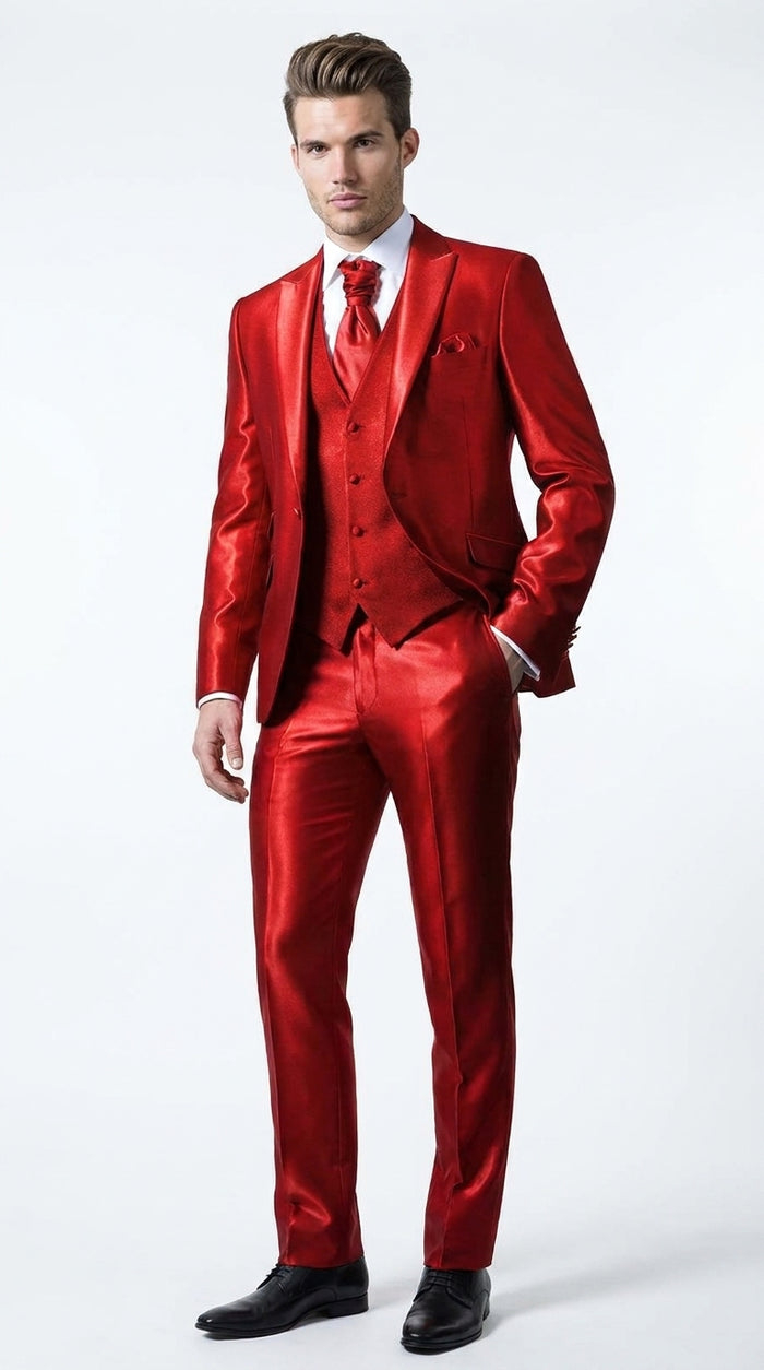 Men’s Red Shiny 3-Piece Suit – Satin Wedding, Prom, Party and Formal Suit with Vest