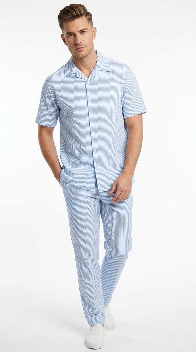 Men’s Blue Seersucker 2 Piece Walking Set, Short Sleeve Shirt and Pants Summer Outfit