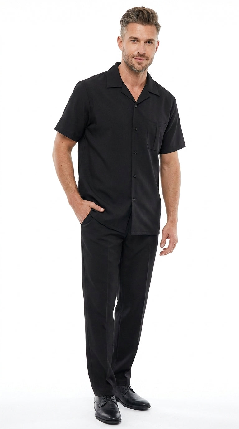 Men’s Black Big and Tall Walking Suit with Short Sleeve Shirt and Matching Pants, Casual Suit up to 6XL