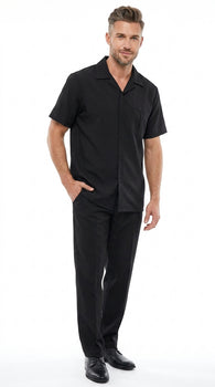Men’s Black Big and Tall Walking Suit with Short Sleeve Shirt and Matching Pants, Casual Suit up to 6XL
