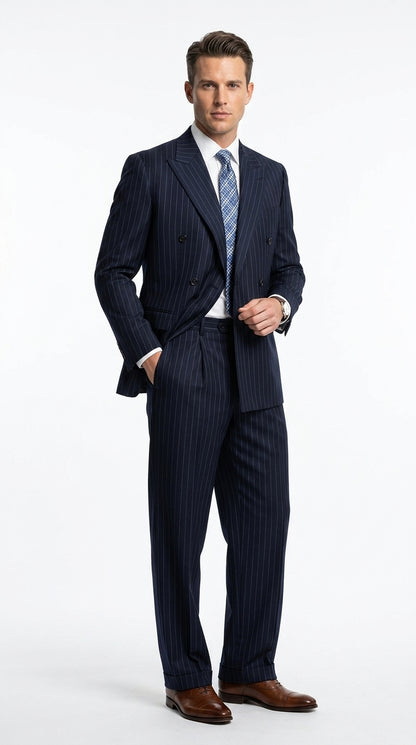 Men’s Dark Navy Blue Pinstripe Double Breasted Suit, Formal Business Wedding Dress Suit Set