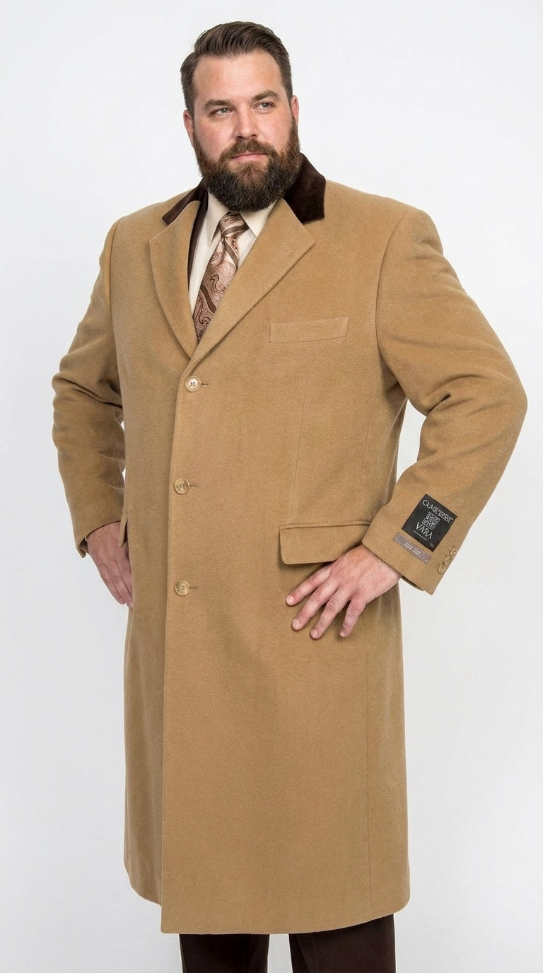 Men’s Camel Chesterfield Overcoat with Brown Velvet Collar, Full Length Cashmere Style Dress Coat