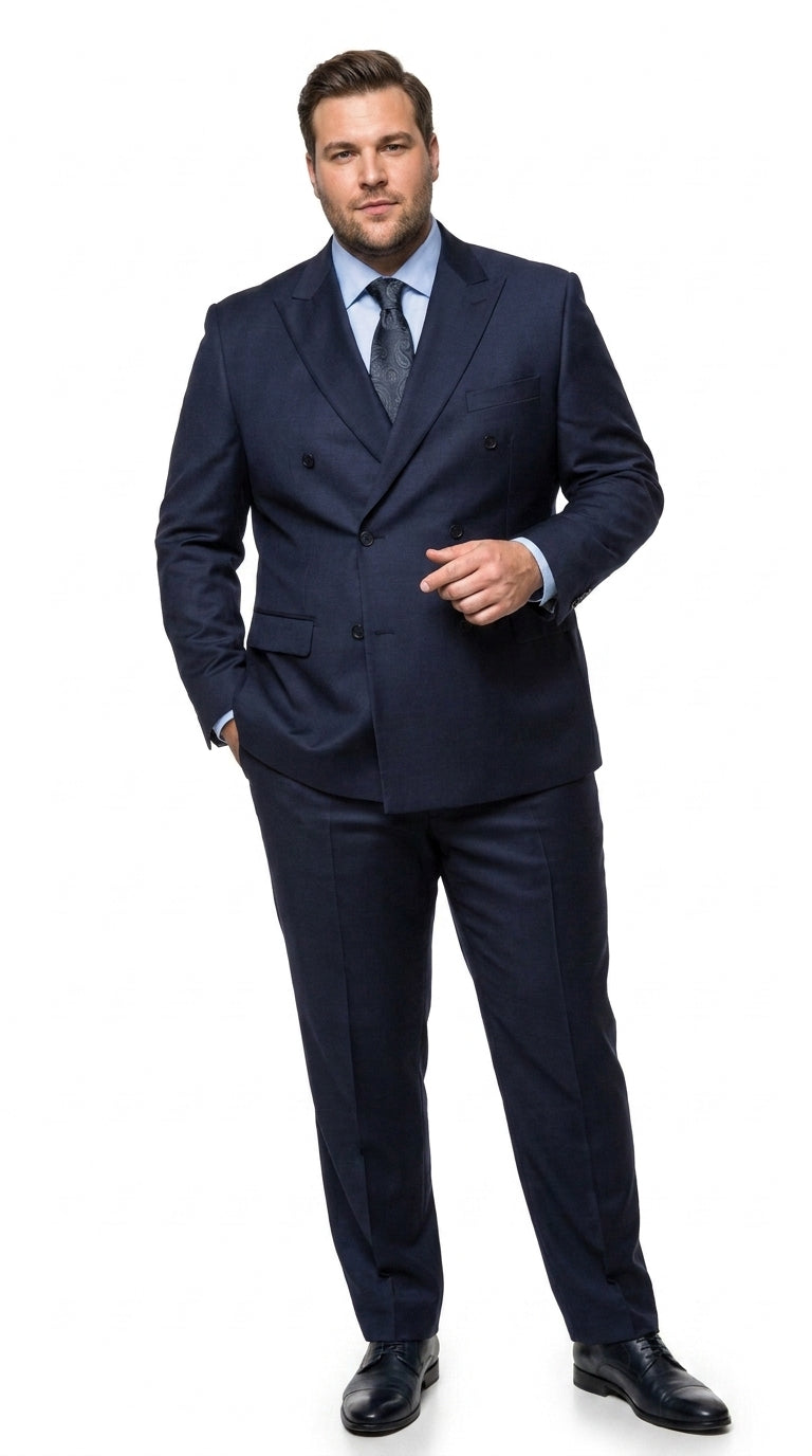 Men’s Navy Double Breasted Wool Suit, Peak Lapel Side Vent Jacket with Pleated Pants