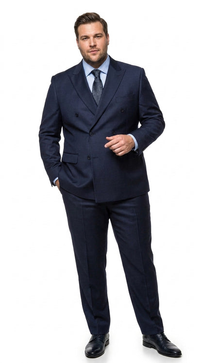 Men’s Navy Double Breasted Wool Suit, Peak Lapel Side Vent Jacket with Pleated Pants