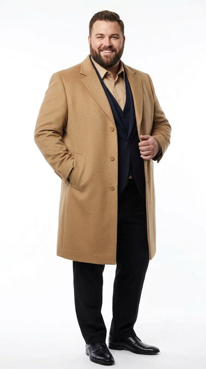 Men’s Camel Cashmere Blend Full Length Overcoat, Luxury Winter Dress Topcoat