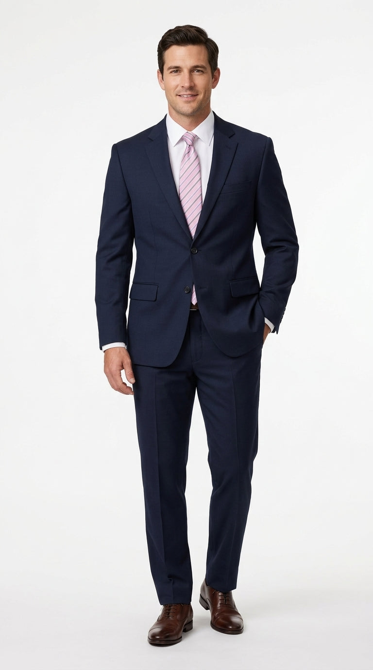 Men’s Navy Blue Big and Tall 2 Button Suit, Solid Plus Size Formal Wedding Business Suit