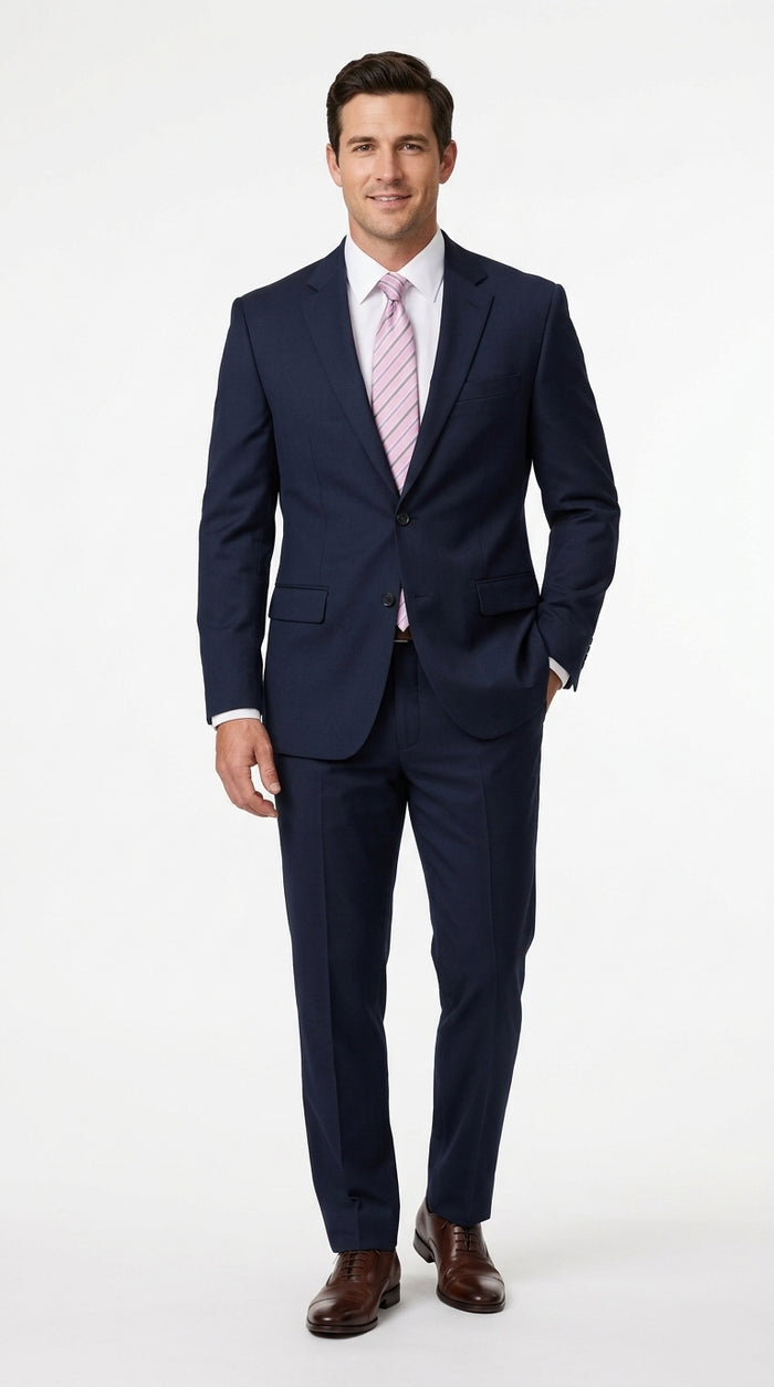 Men’s Navy Blue Big and Tall 2 Button Suit, Solid Plus Size Formal Wedding Business Suit