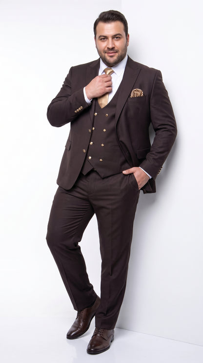Rossi Man Max Chocolate Brown 3-Piece Suit – Men’s Formal Suit with Double-Breasted Vest & Gold Buttons