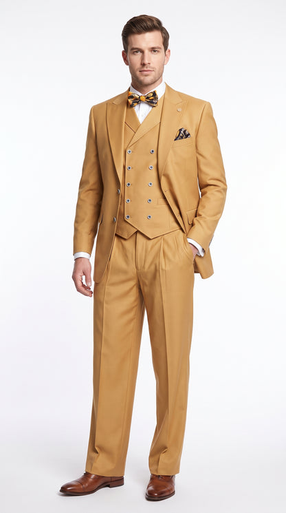 Men’s Camel Big & Tall 3-Piece Wool Suit – Peak Lapel Classic Fit with Double-Breasted Vest & Pleated Pants